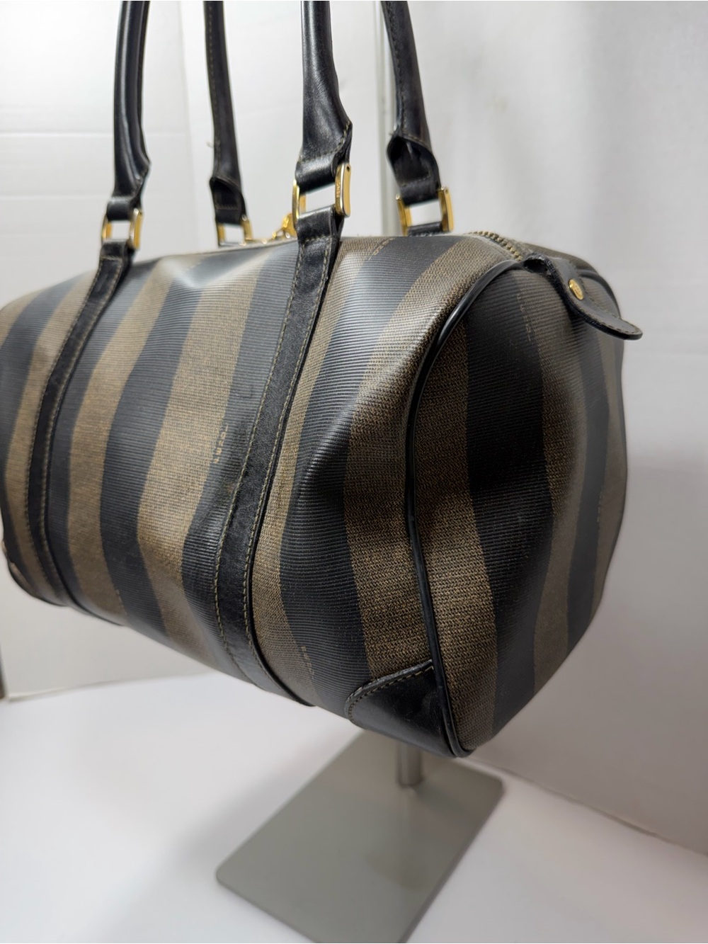 Vintage FENDI Black & Gray Pecan Stripe Speedy/Duffle Style Handbag,Classic 90s - Picture 5 of 13